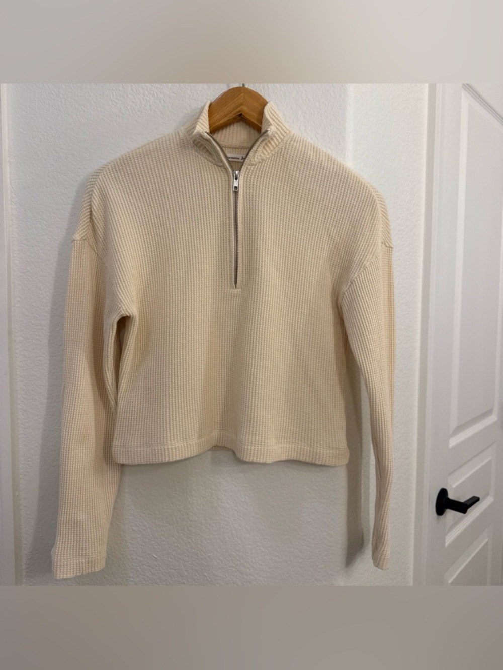 Reformation Yale Cropped Waffle Pullover Quarter Zip Top Tan Size XS